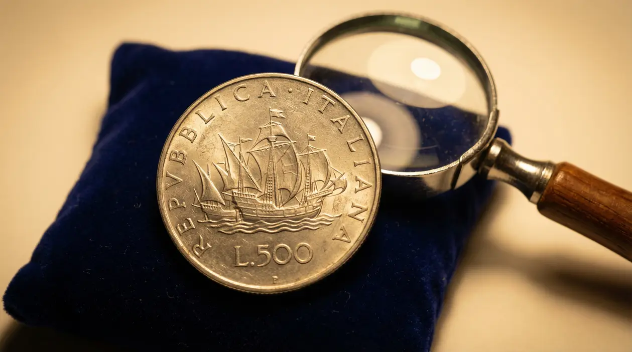 Moneta da 500 lire con caravelle su panno blu accanto a una lente d’ingrandimento