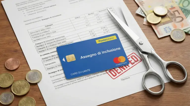 Carta Assegno di inclusione su documenti con timbro di rifiuto, accanto a monete, banconote e forbici su un tavolo