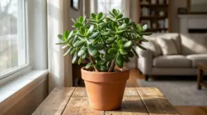 Albero di giada in vaso di terracotta su un tavolo vicino a una finestra, in un soggiorno luminoso