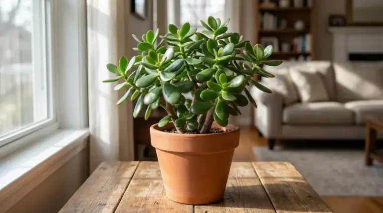 Albero di giada in vaso di terracotta su un tavolo vicino a una finestra, in un soggiorno luminoso
