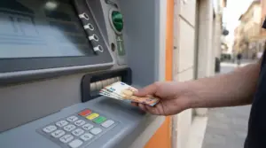 Mano che preleva banconote da 50 euro da un bancomat in strada