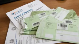 Cartella esattoriale e buste di notifica su una scrivania, tema allerta cartelle esattoriali