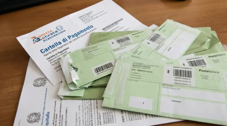 Cartella esattoriale e buste di notifica su una scrivania, tema allerta cartelle esattoriali