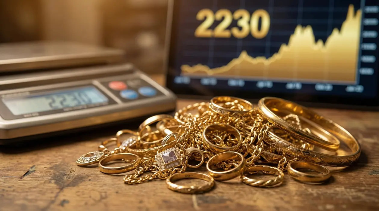 Gioielli d’oro usato su un tavolo con bilancia digitale e grafico dei prezzi dell’oro sullo sfondo