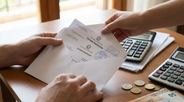 Mani che estraggono una cartella esattoriale da una busta su un tavolo con calcolatrici e monete