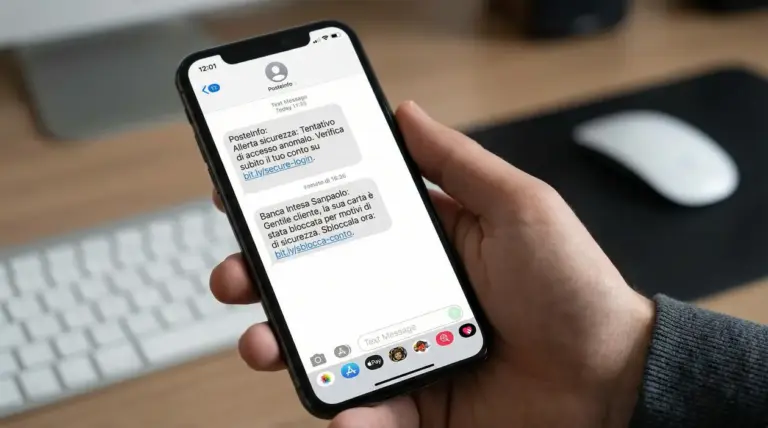 Mano che tiene uno smartphone con SMS sospetti e link, tipici messaggi di phishing per rubare dati personali