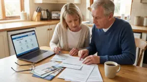 Coppia over 55 compila moduli e consulta un sito di supporto sociale al computer, seduta al tavolo di casa