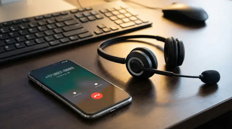 Smartphone con chiamata in arrivo su una scrivania accanto a cuffie da call center, tastiera e mouse