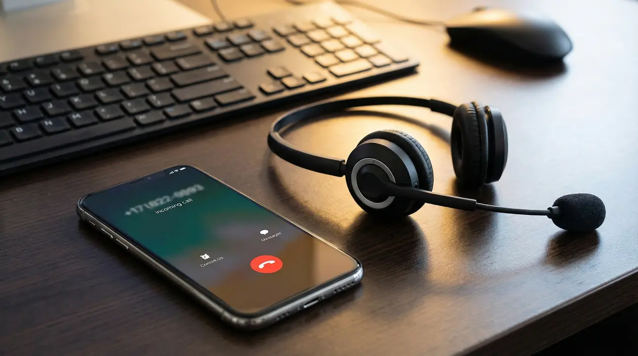 Smartphone con chiamata in arrivo su una scrivania accanto a cuffie da call center, tastiera e mouse