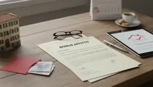 Documenti per il bonus affitto su scrivania con penna, tablet, calendario e modellino di casa in affitto