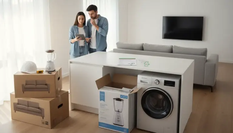 Coppia in casa con scatole di mobili e nuovi elettrodomestici, mentre consulta documenti per la detrazione del bonus mobili