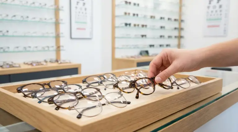 Una mano sceglie una montatura di occhiali da vista da un vassoio in un negozio di ottica