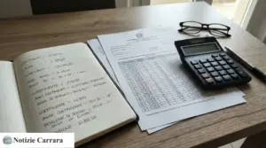 Calcolatrice e documenti su scrivania con appunti di calcolo pensione e anni di contributi