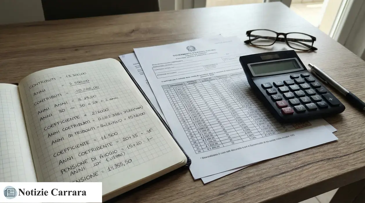 Calcolatrice e documenti su scrivania con appunti di calcolo pensione e anni di contributi