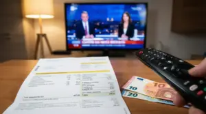 Bolletta elettrica con voce Canone TV, telecomando in mano e banconote su tavolo davanti a un televisore acceso