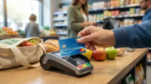 Carta acquisti usata al POS in supermercato, con frutta e spesa sul bancone