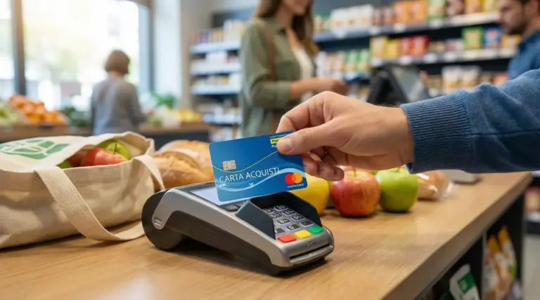 Carta acquisti usata al POS in supermercato, con frutta e spesa sul bancone