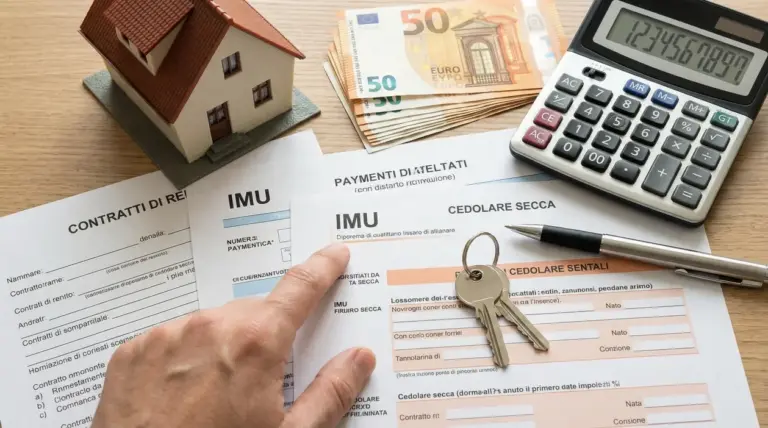Documenti su IMU e cedolare secca con calcolatrice, chiavi di casa, banconote e modellino di abitazione