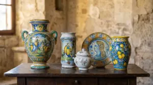 Vasi e piatto di ceramica antica italiana dipinti a mano su tavolo in legno, in un ambiente rustico