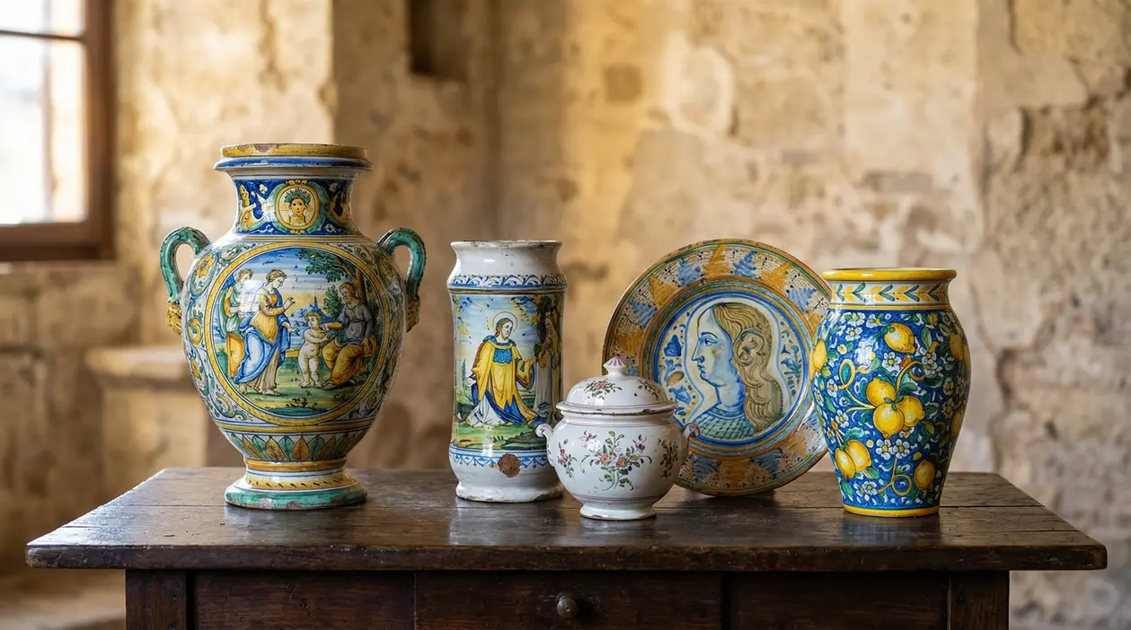 Vasi e piatto di ceramica antica italiana dipinti a mano su tavolo in legno, in un ambiente rustico