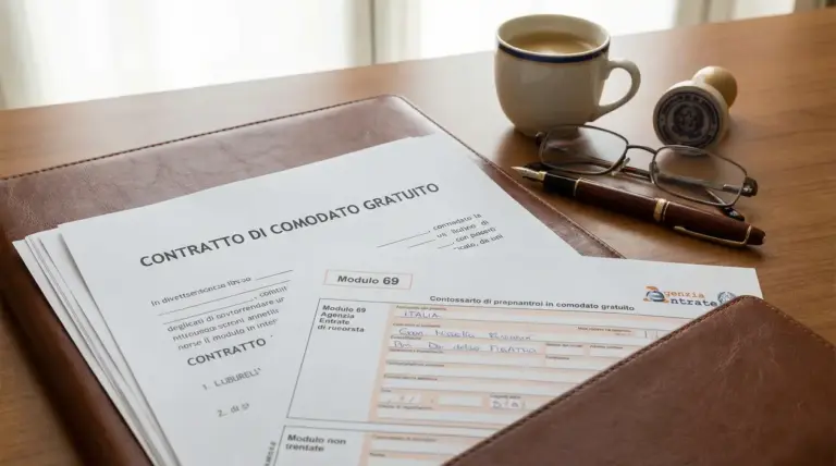 Documenti per contratto di comodato d’uso su scrivania con penna, occhiali e timbro, legati a pratiche IMU seconda casa