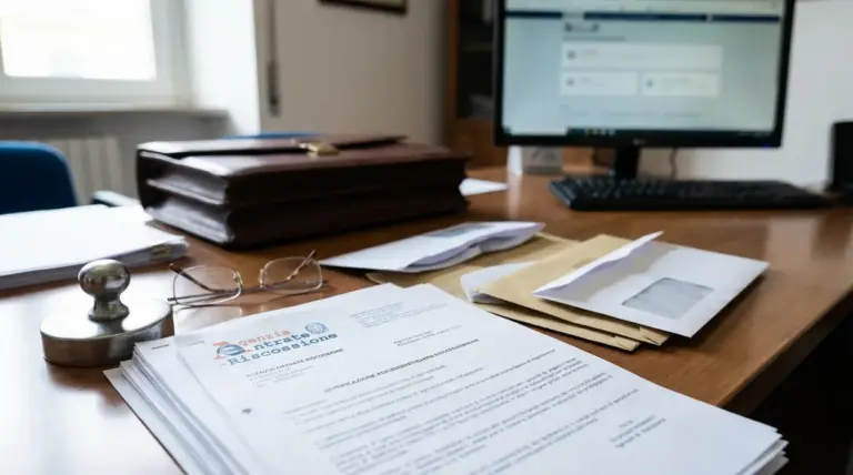 Scrivania con documenti e buste dell’Agenzia Entrate-Riscossione, computer e occhiali, tema gestione dei debiti