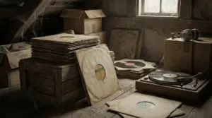 Pila di dischi in vinile e giradischi in una soffitta polverosa, con scatole e cuffie vicino a una finestra