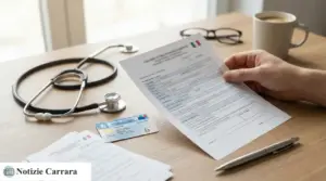 Mano che compila un modulo sanitario con tessera sanitaria e stetoscopio su un tavolo