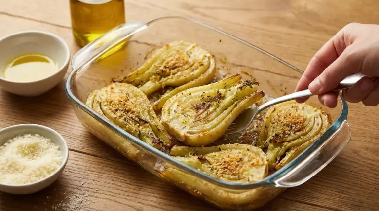 Finocchi al forno gratinati in teglia di vetro, con pangrattato e olio, mentre una mano li serve con una forchetta