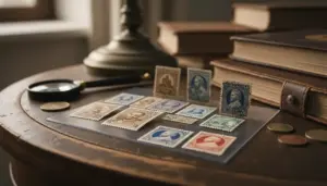 Francobolli da collezione su tavolo con lente d’ingrandimento, libri e monete, in luce calda