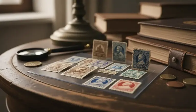 Francobolli da collezione su tavolo con lente d’ingrandimento, libri e monete, in luce calda