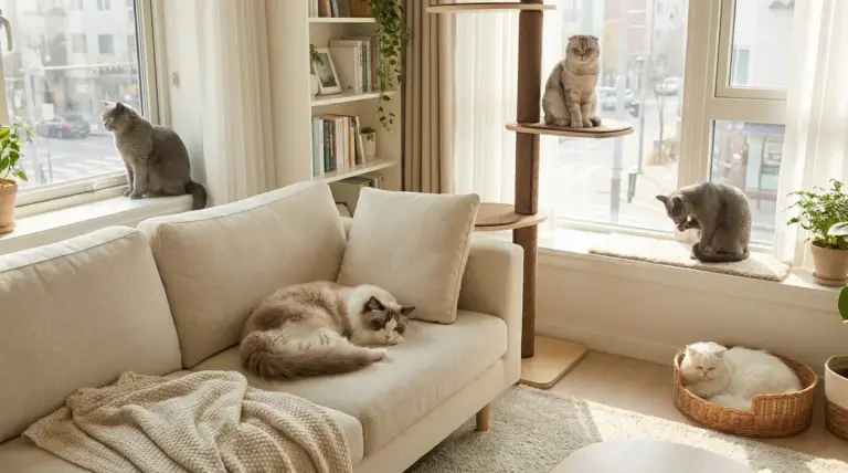 Gatti tranquilli in salotto di appartamento: uno sul divano, altri su tiragraffi e davanzale vicino alla finestra