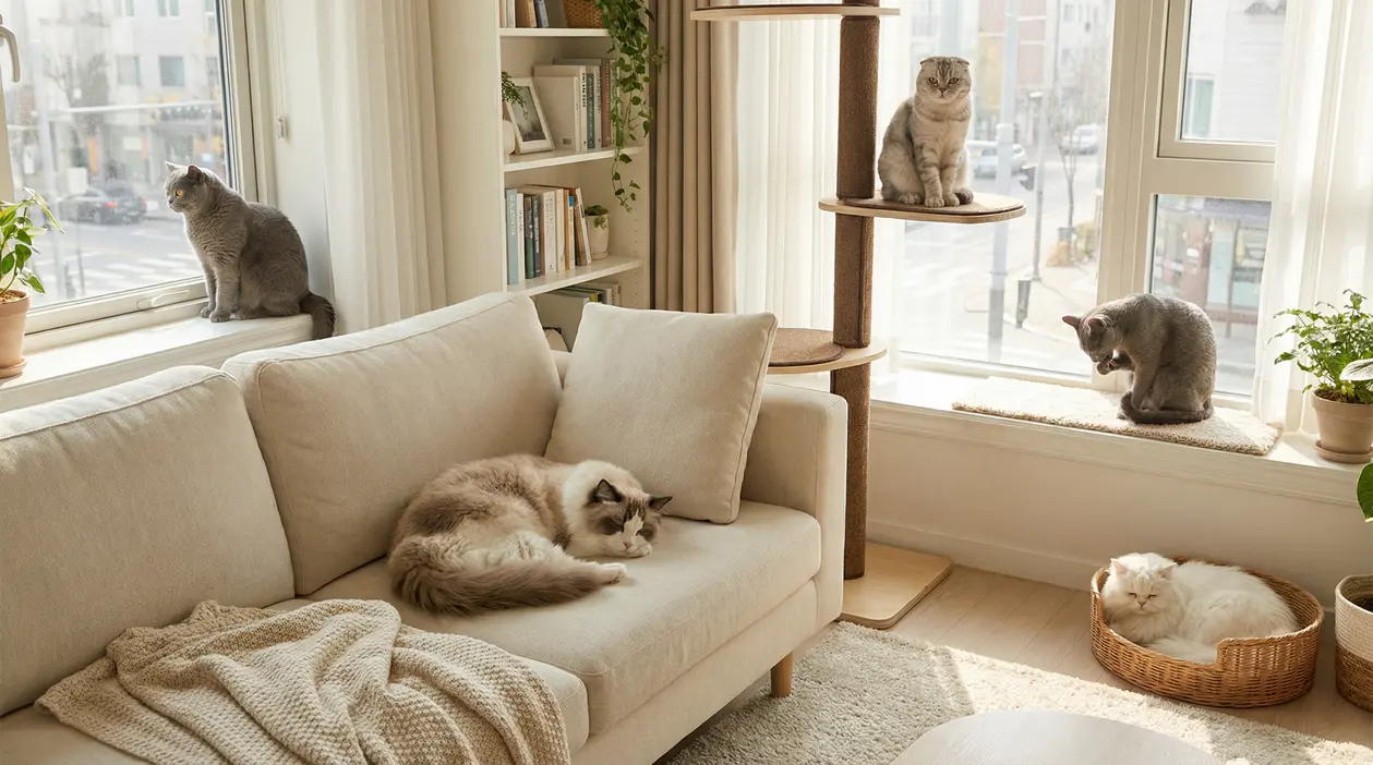 Gatti tranquilli in salotto di appartamento: uno sul divano, altri su tiragraffi e davanzale vicino alla finestra