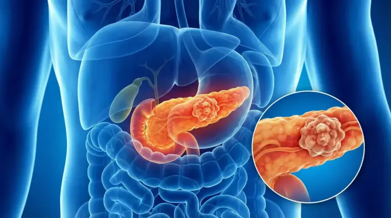 Illustrazione medica del pancreas con una massa tumorale evidenziata nell’addome