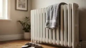 Termosifone bianco con un asciugamano appoggiato sopra, in una stanza luminosa con pantofole sul pavimento