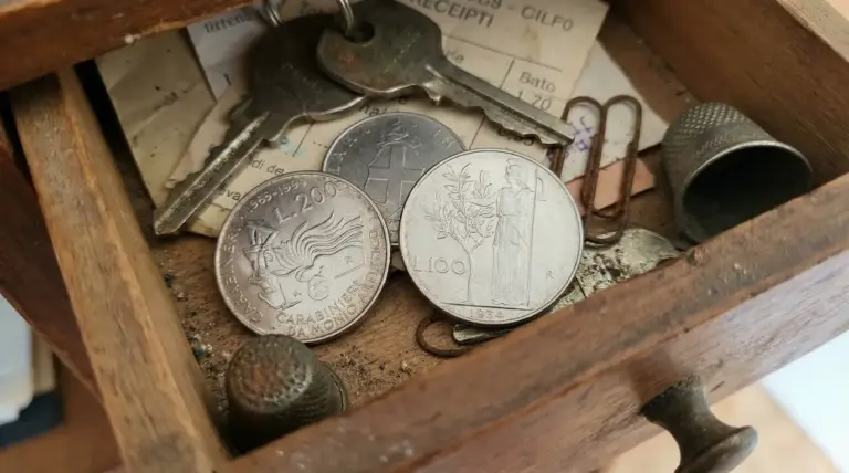 Monete italiane d’epoca in un cassetto di legno con chiavi e oggetti, possibile moneta rara da collezione