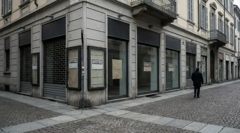 Vetrine di negozi chiusi in centro città con serrande abbassate e una persona che cammina sul marciapiede