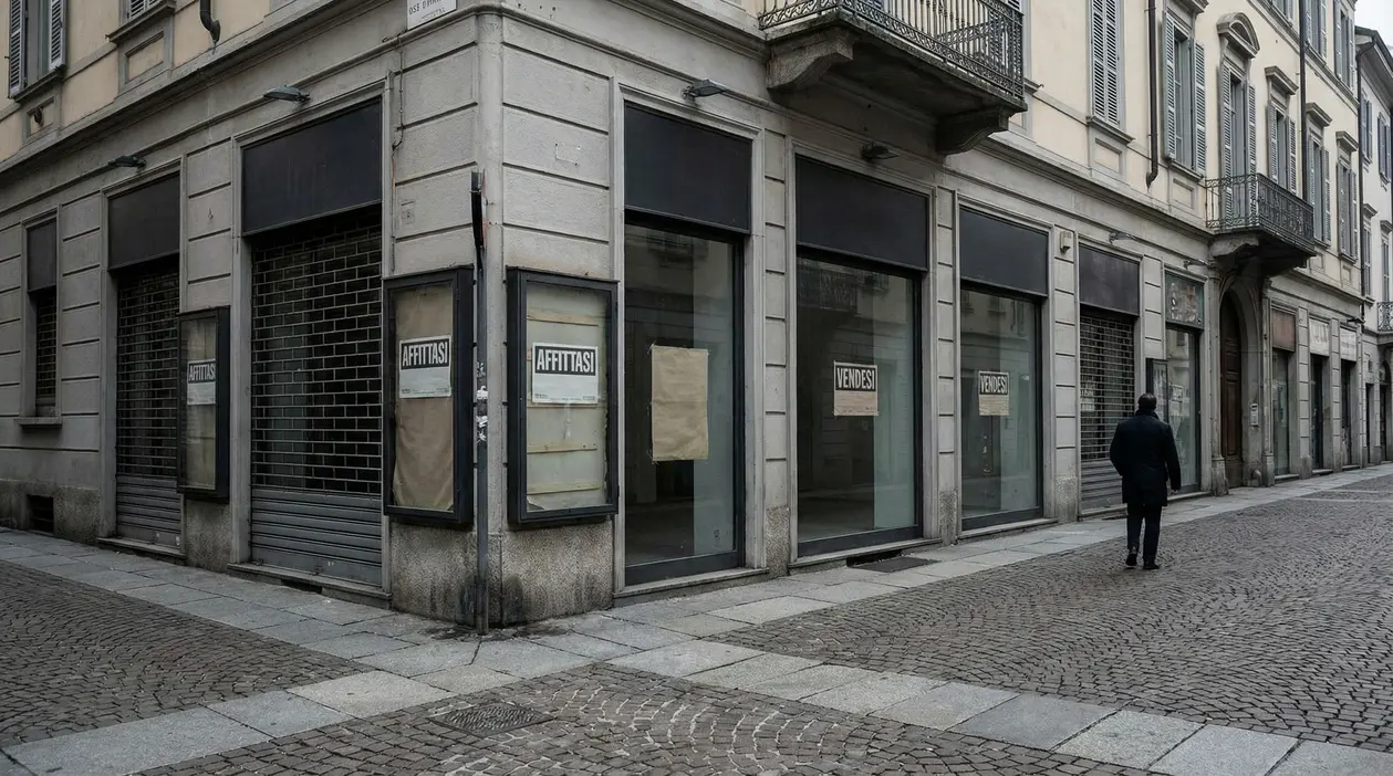 Vetrine di negozi chiusi in centro città con serrande abbassate e una persona che cammina sul marciapiede