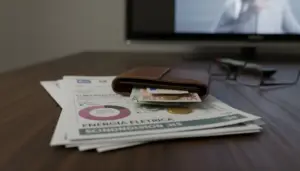 Portafoglio con banconote e monete su bollette, con televisore sfocato sullo sfondo