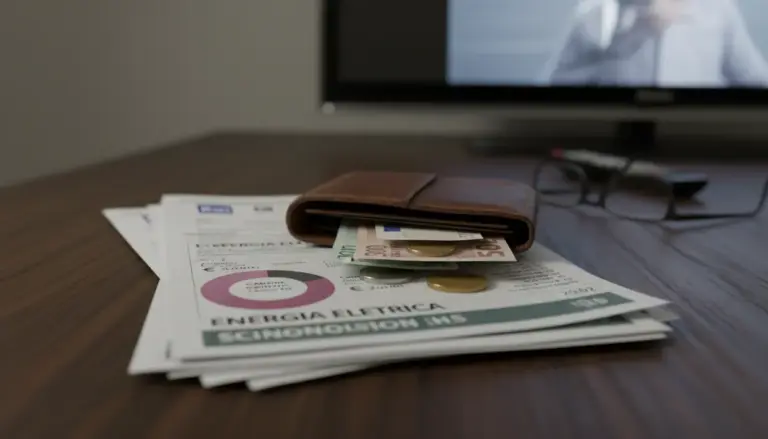 Portafoglio con banconote e monete su bollette, con televisore sfocato sullo sfondo