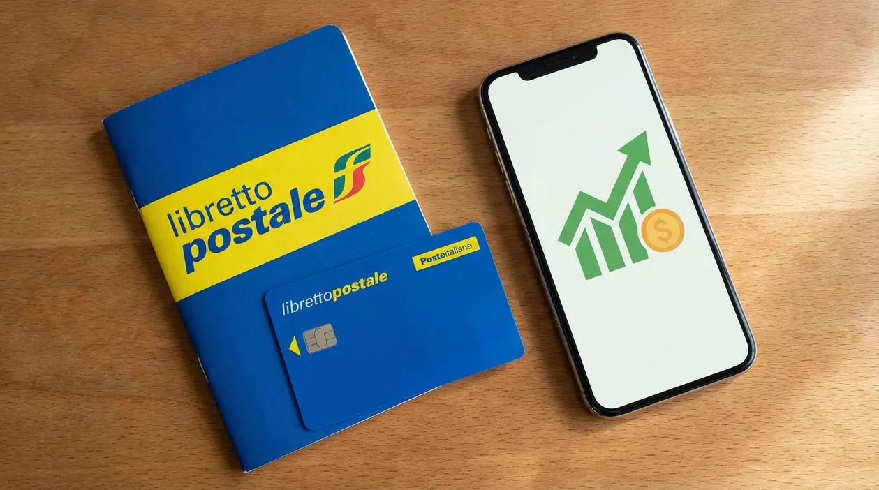 Libretto postale con carta e smartphone con grafico in crescita su un tavolo, tema agevolazione per clienti