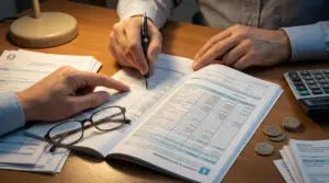 Mani che compilano moduli fiscali con penna su una scrivania, con calcolatrice, monete e occhiali accanto.