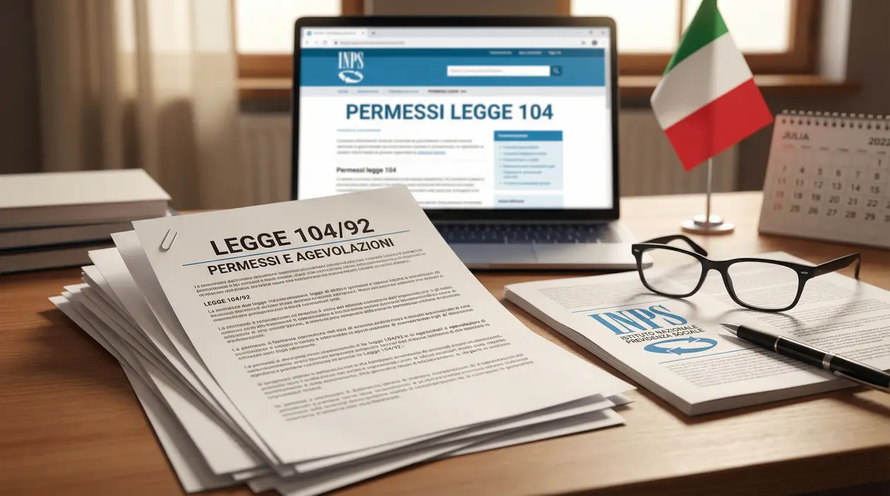 Documenti su Legge 104/92 con laptop aperto su pagina INPS, calendario e bandierina italiana su una scrivania