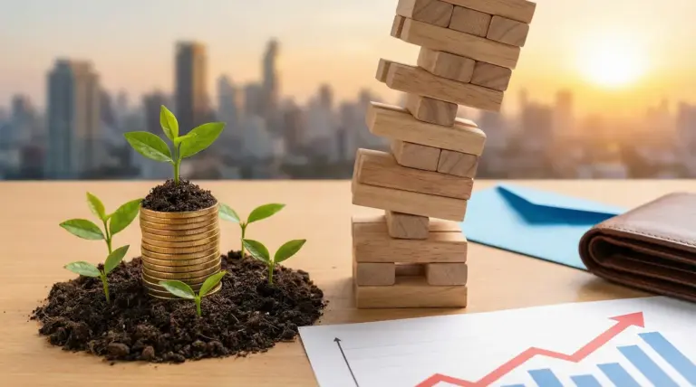 Piantine che crescono da monete e torre di blocchi instabile su scrivania, simbolo di interessi alti e rischi