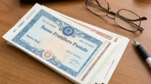 Pila di buoni fruttiferi postali su scrivania con occhiali e penna, per scegliere i nuovi buoni più redditizi