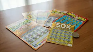 Gratta e vinci assortiti su un tavolo, con una moneta accanto a un biglietto già grattato