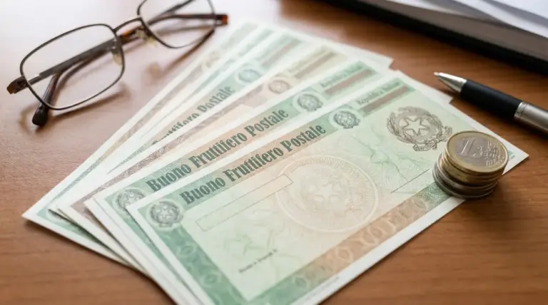 Buoni fruttiferi postali su una scrivania con monete, penna e occhiali, simbolo di risparmio e rendimento