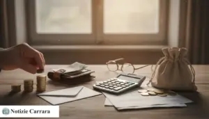 Mano che impila monete su un tavolo con calcolatrice, portafoglio, documenti e salvadanaio