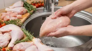 Mani che sciacquano un petto di pollo crudo sotto l’acqua corrente nel lavandino della cucina