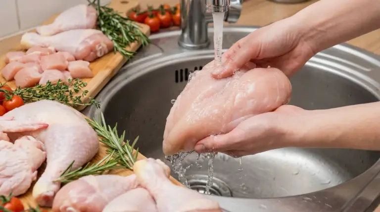 Mani che sciacquano un petto di pollo crudo sotto l’acqua corrente nel lavandino della cucina